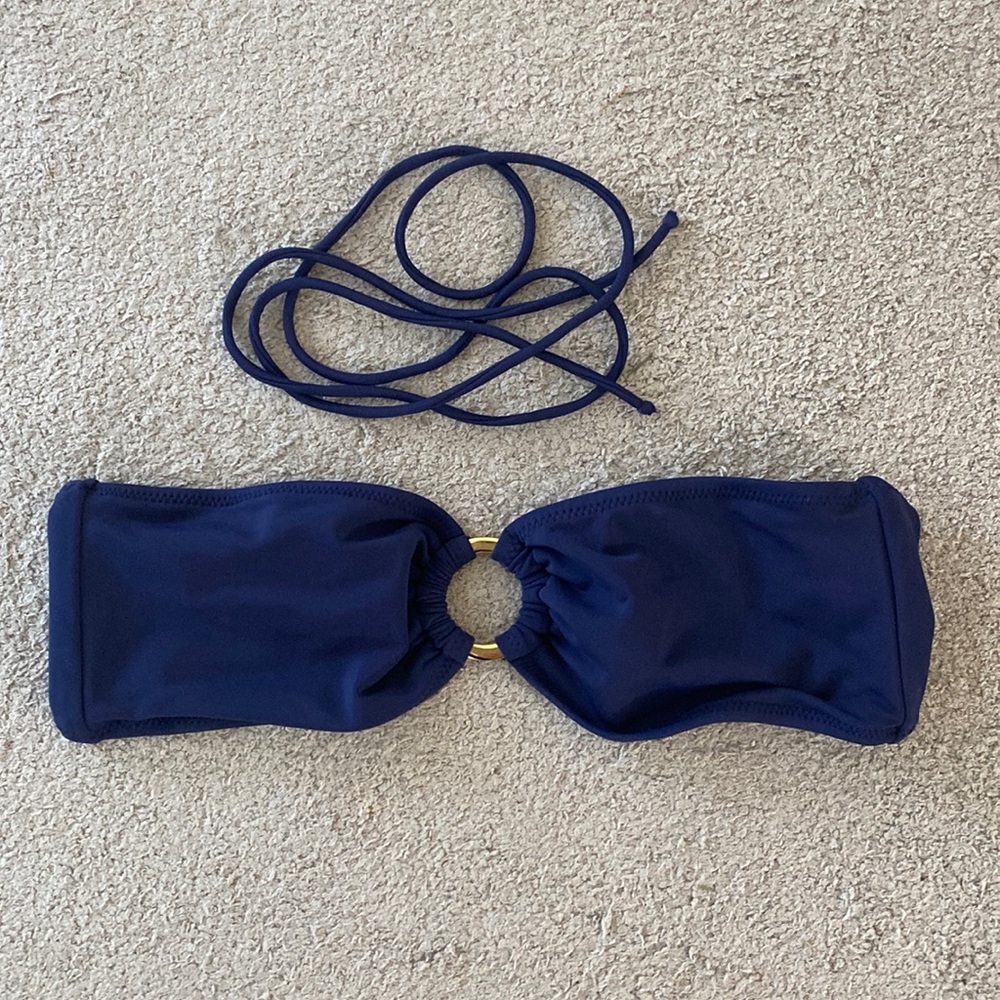 Eberjey Bandeau Bikini Top Navy Blue Strapless Swimsuit Gold - L